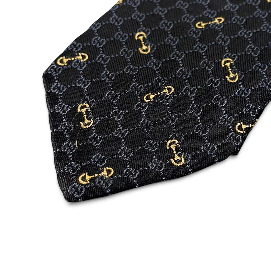 Excellent GUCCI tie Horsebit Interlocking G Jacquard black silk mens 744379