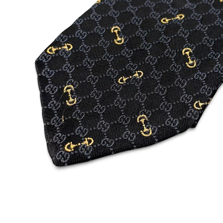 Excellent GUCCI tie Horsebit Interlocking G Jacquard black silk mens 744379