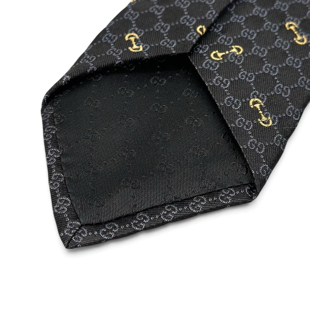 Excellent GUCCI tie Horsebit Interlocking G Jacquard black silk mens 744379