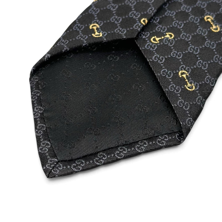 Excellent GUCCI tie Horsebit Interlocking G Jacquard black silk mens 744379