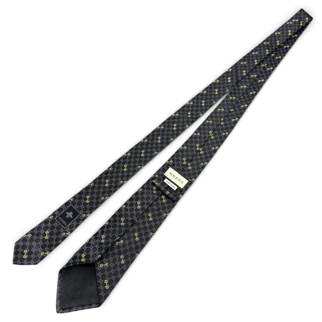 Excellent GUCCI tie Horsebit Interlocking G Jacquard black silk mens 744379