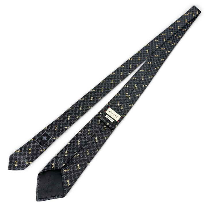 Excellent GUCCI tie Horsebit Interlocking G Jacquard black silk mens 744379