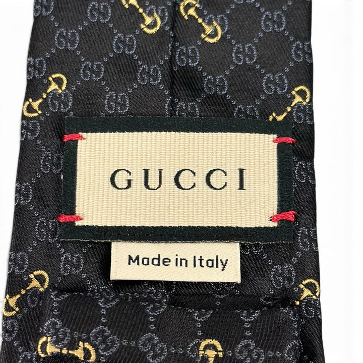 Excellent GUCCI tie Horsebit Interlocking G Jacquard black silk mens 744379
