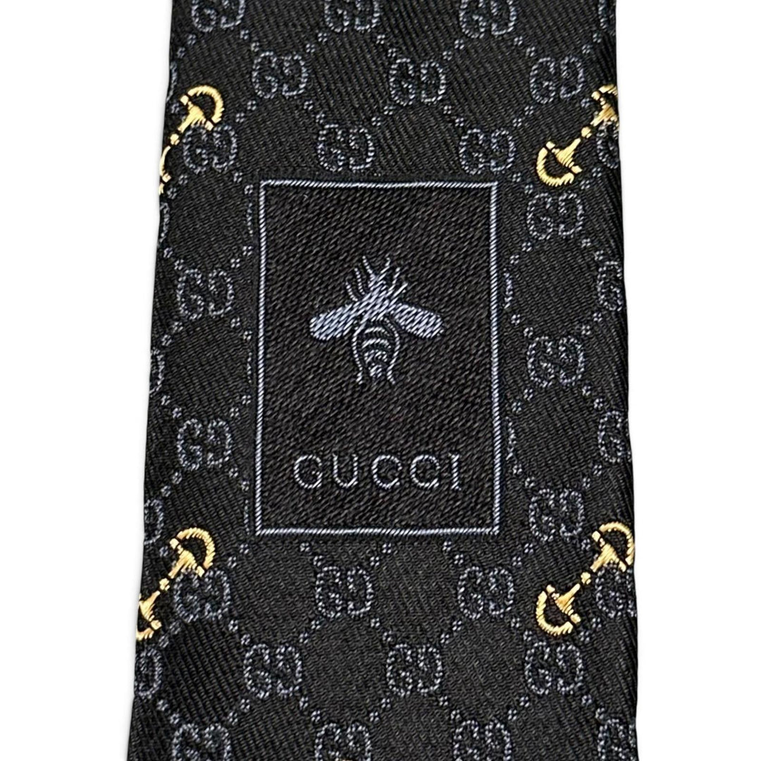 Excellent GUCCI tie Horsebit Interlocking G Jacquard black silk mens 744379