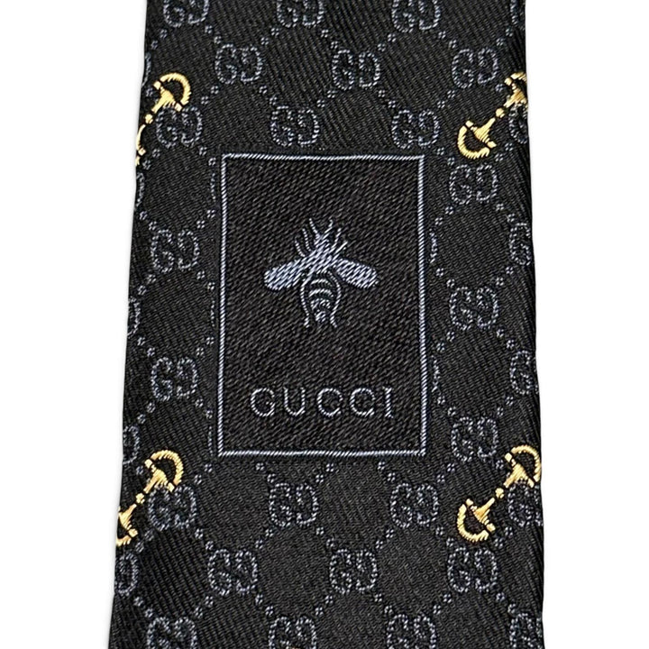 Excellent GUCCI tie Horsebit Interlocking G Jacquard black silk mens 744379