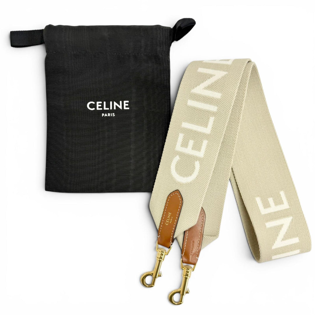 Excellent CELINE Shoulder strap Logo Jacquard Canvas Leather beige canvas