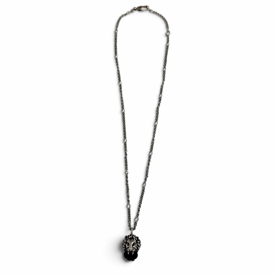 Great GUCCI Necklace Lion Head Pendant Black Crystal Silver mens