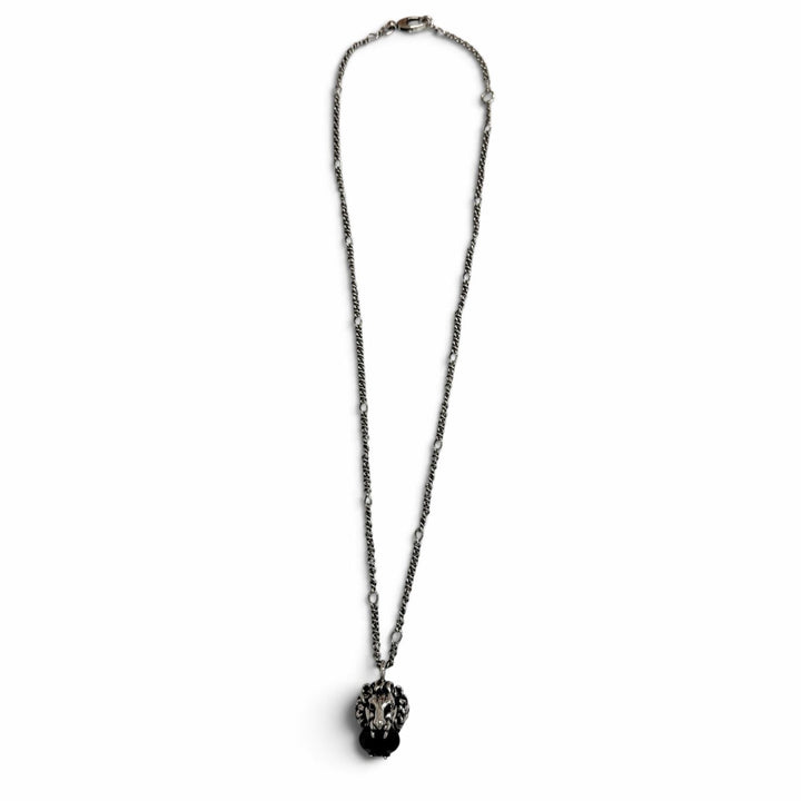 Great GUCCI Necklace Lion Head Pendant Black Crystal Silver mens