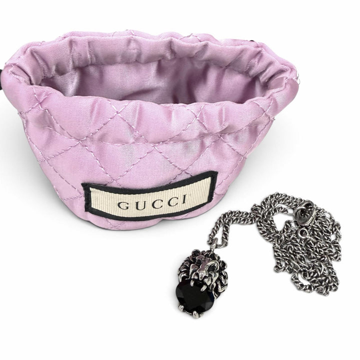 Great GUCCI Necklace Lion Head Pendant Black Crystal Silver mens