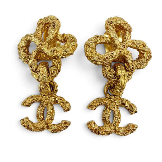 Excellent CHANEL Earring Lava Flower COCO Mark Swing gold metal Women 93A