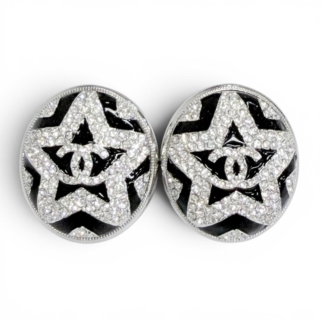 Great CHANEL COCO Mark Star Rhinestone Piercing Earrings (Pair) Silver A23K