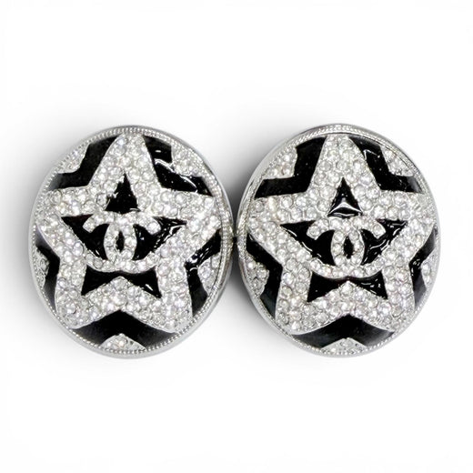Great CHANEL COCO Mark Star Rhinestone Piercing Earrings (Pair) Silver A23K