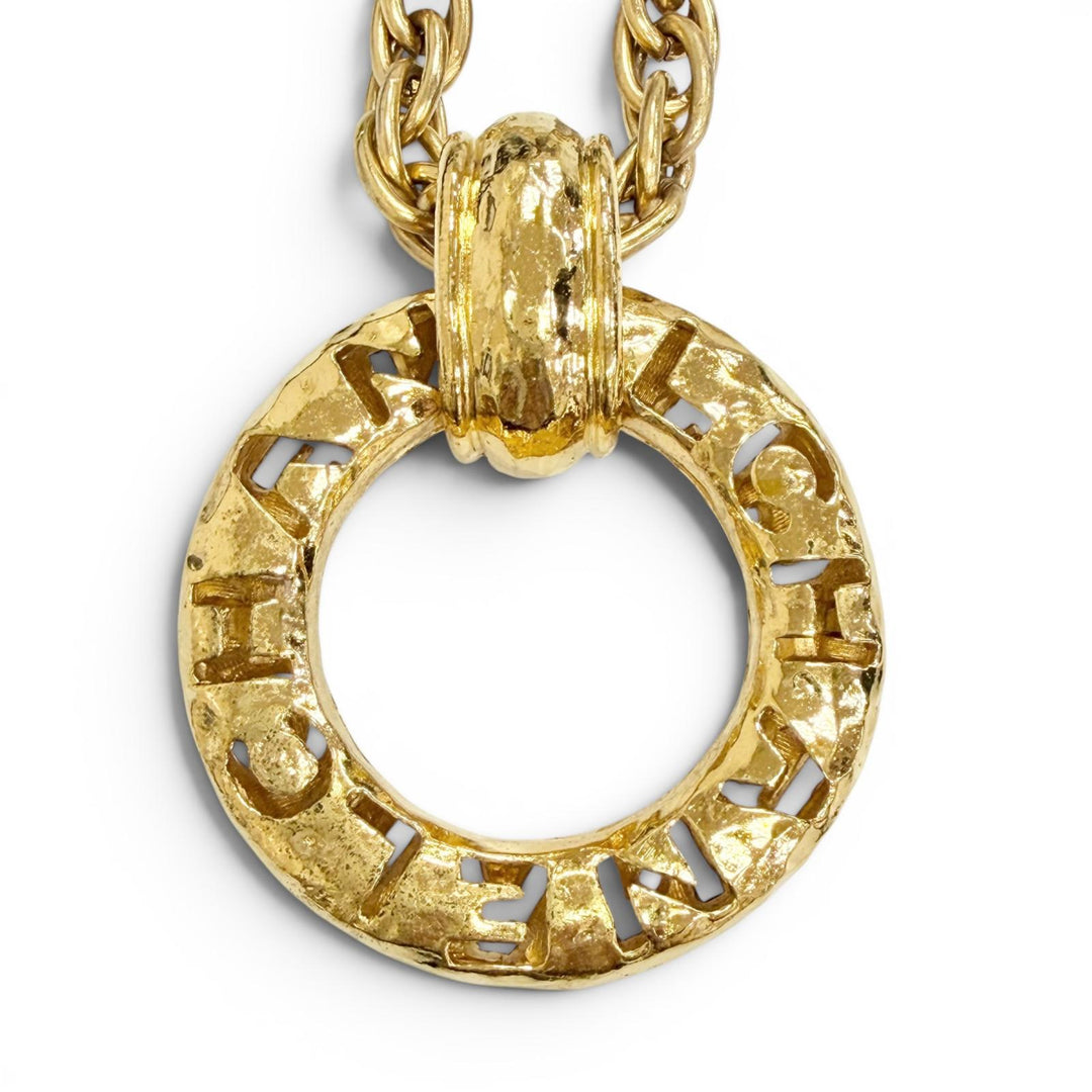 Great CHANEL Big Circle Logo Long Chain Necklace Pendant Accessory gold 3765