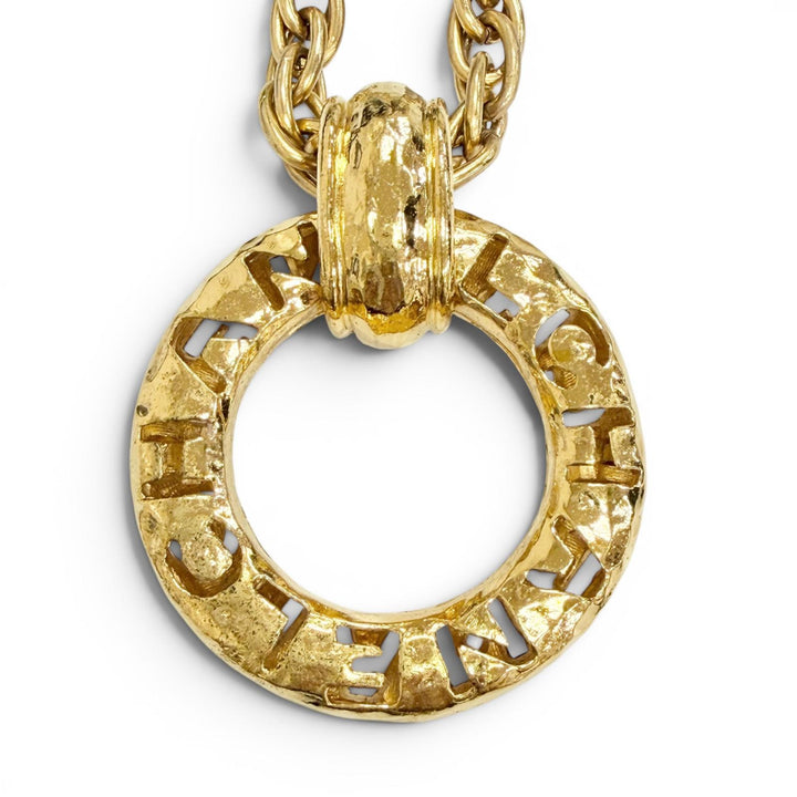 Great CHANEL Big Circle Logo Long Chain Necklace Pendant Accessory gold 3765