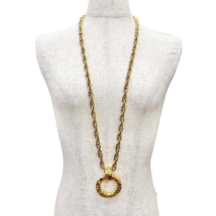 Great CHANEL Big Circle Logo Long Chain Necklace Pendant Accessory gold 3765