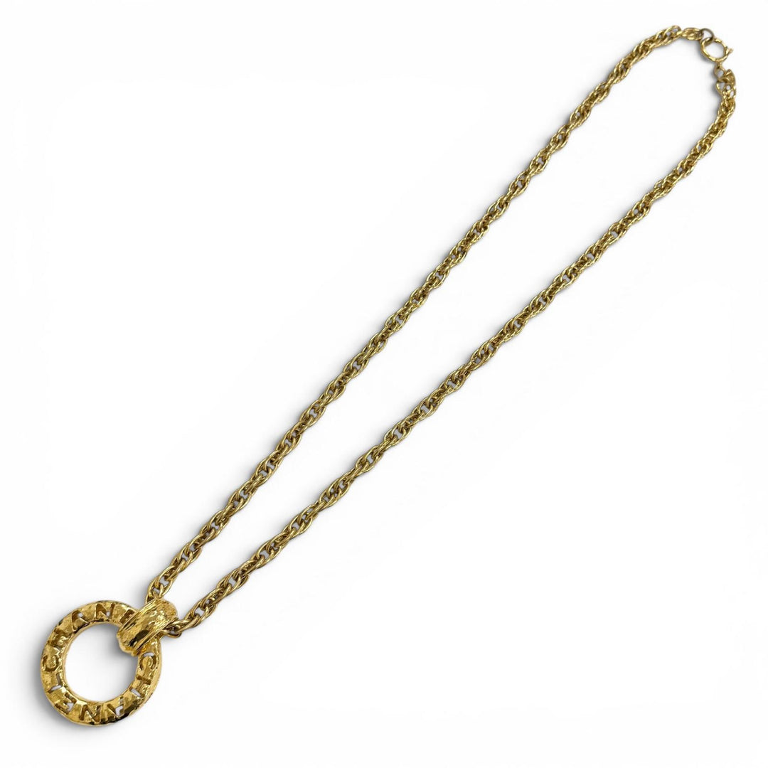 Great CHANEL Big Circle Logo Long Chain Necklace Pendant Accessory gold 3765