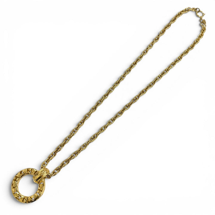 Great CHANEL Big Circle Logo Long Chain Necklace Pendant Accessory gold 3765