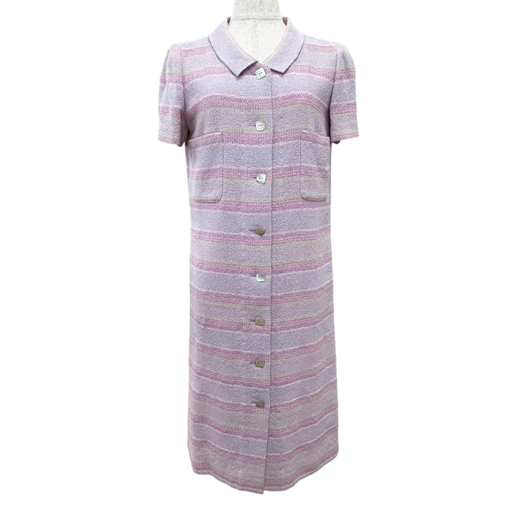 Great CHANEL one piece Square logobutton short-sleeved tweed 38 00C P14945V08265