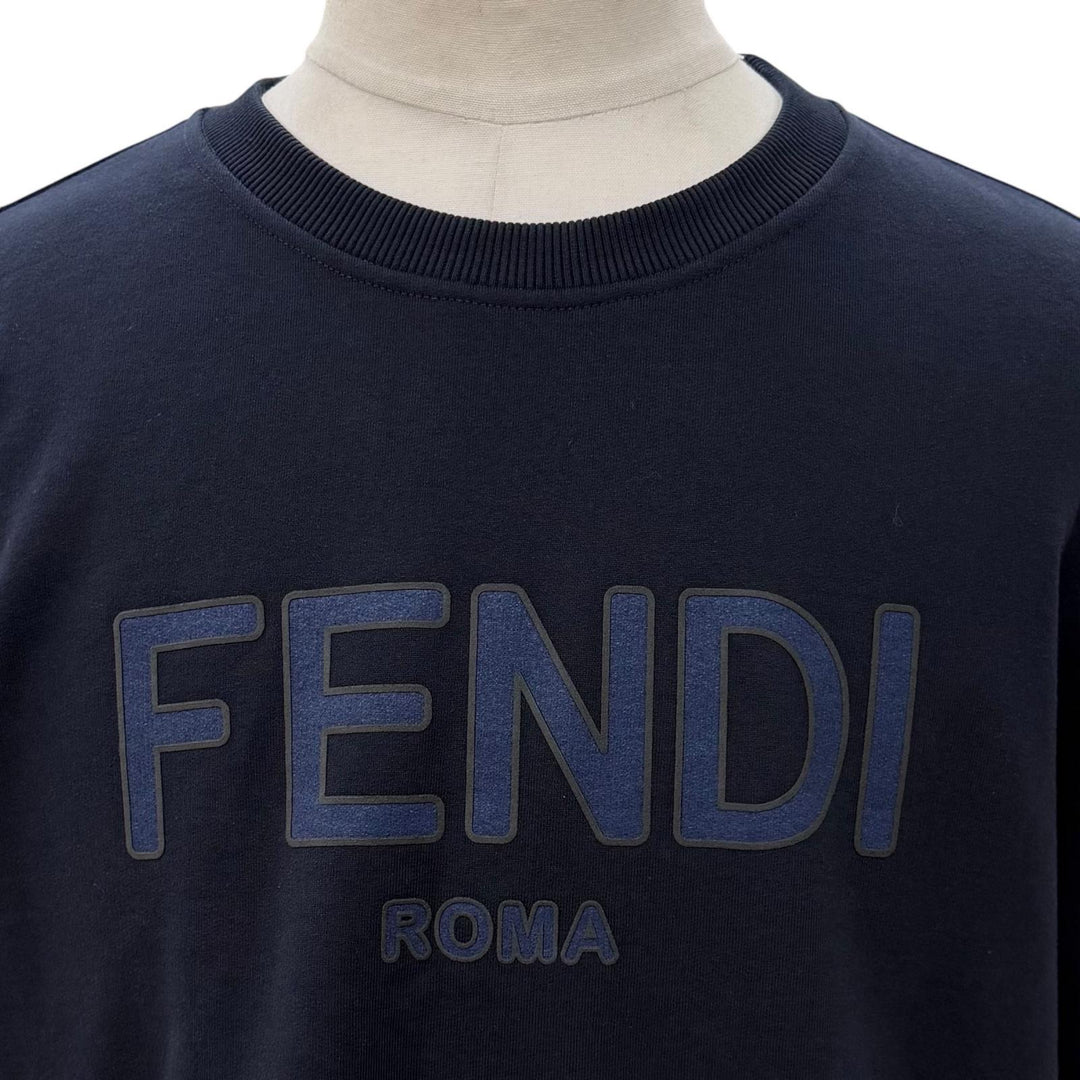 Excellent FENDI sweat Logo print crew neck pullover Navy cotton mens XL FY0178