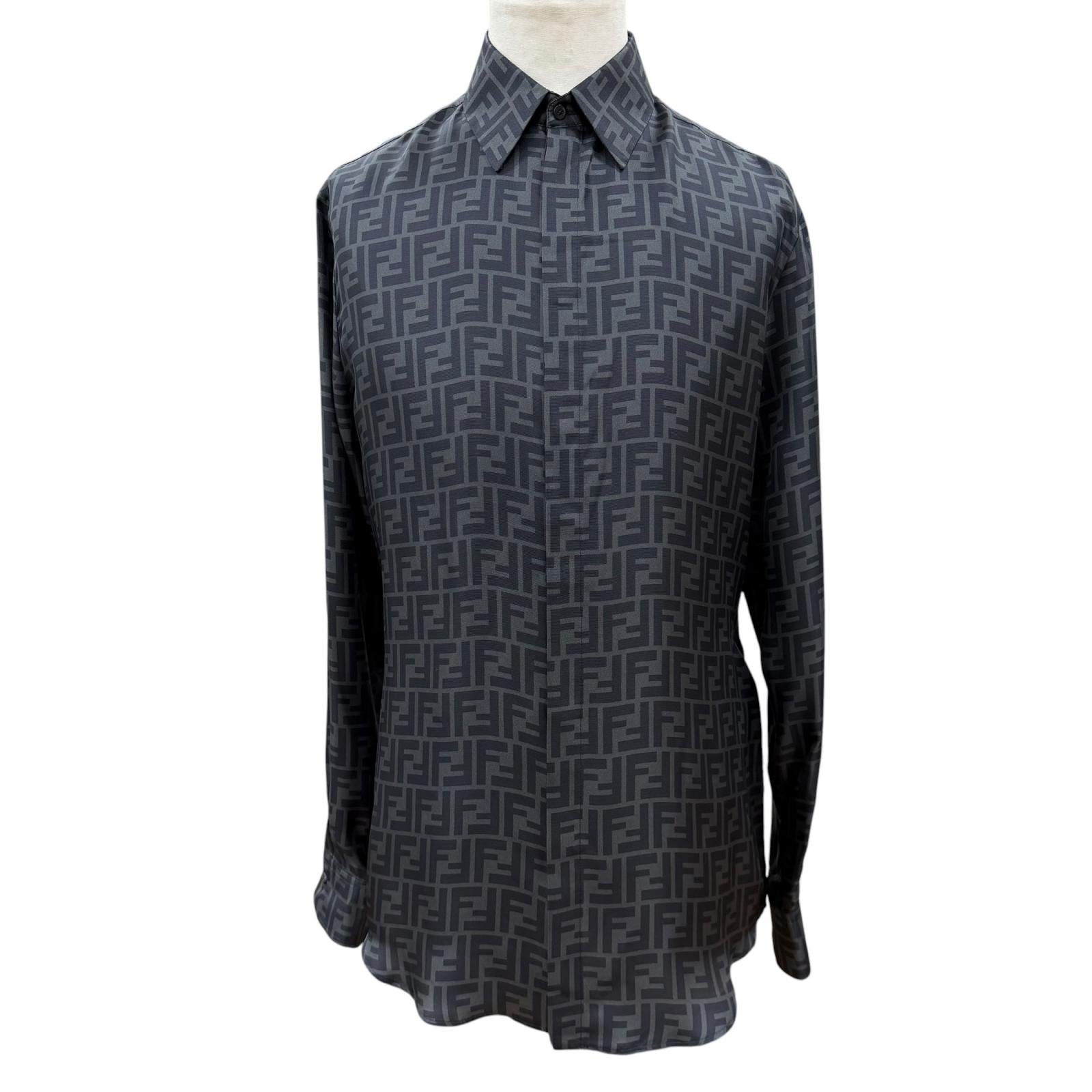 Excellent FENDI Long sleeve shirt FF logo gray silk mens 40 FS0585