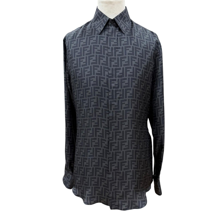 Excellent FENDI Long sleeve shirt FF logo gray silk mens 40 FS0585