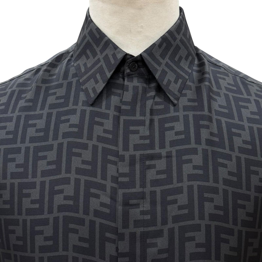 Excellent FENDI Long sleeve shirt FF logo gray silk mens 40 FS0585