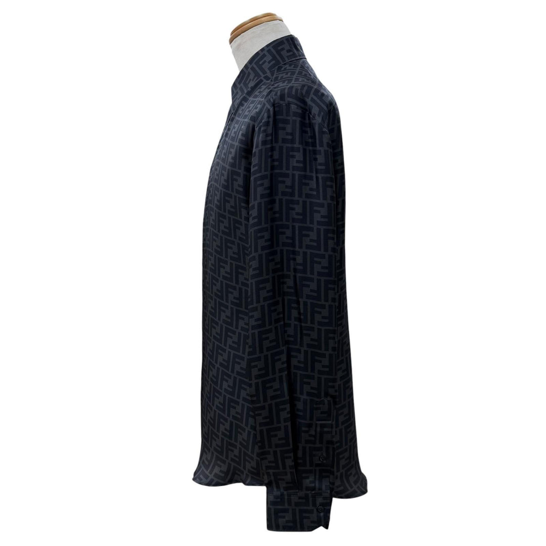 Excellent FENDI Long sleeve shirt FF logo gray silk mens 40 FS0585