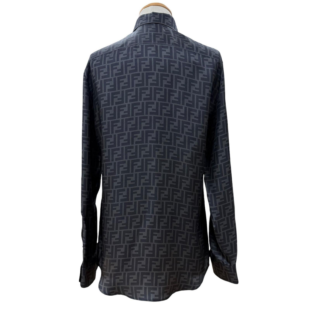 Excellent FENDI Long sleeve shirt FF logo gray silk mens 40 FS0585