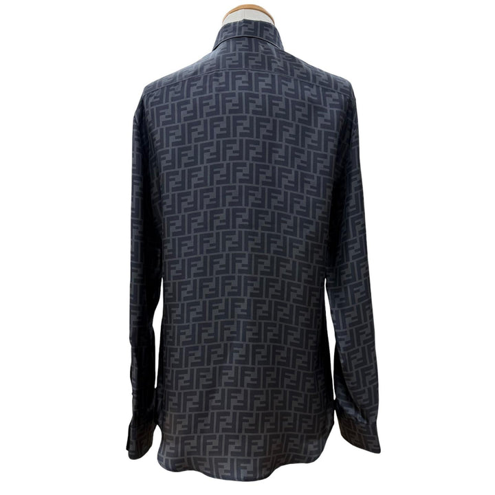 Excellent FENDI Long sleeve shirt FF logo gray silk mens 40 FS0585