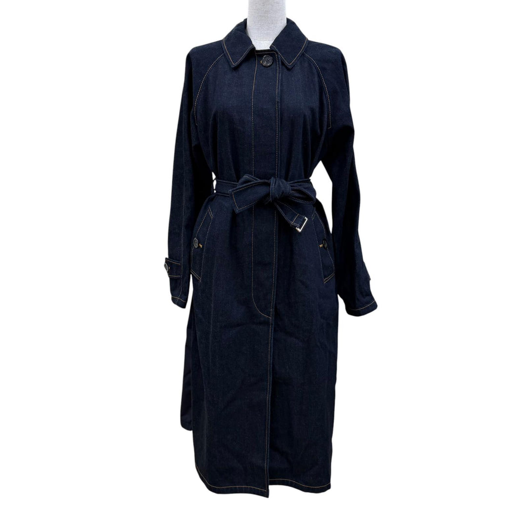 Excellent MONCLER coat PISTACHE Denim with logo patch and belt Indigo blue 0