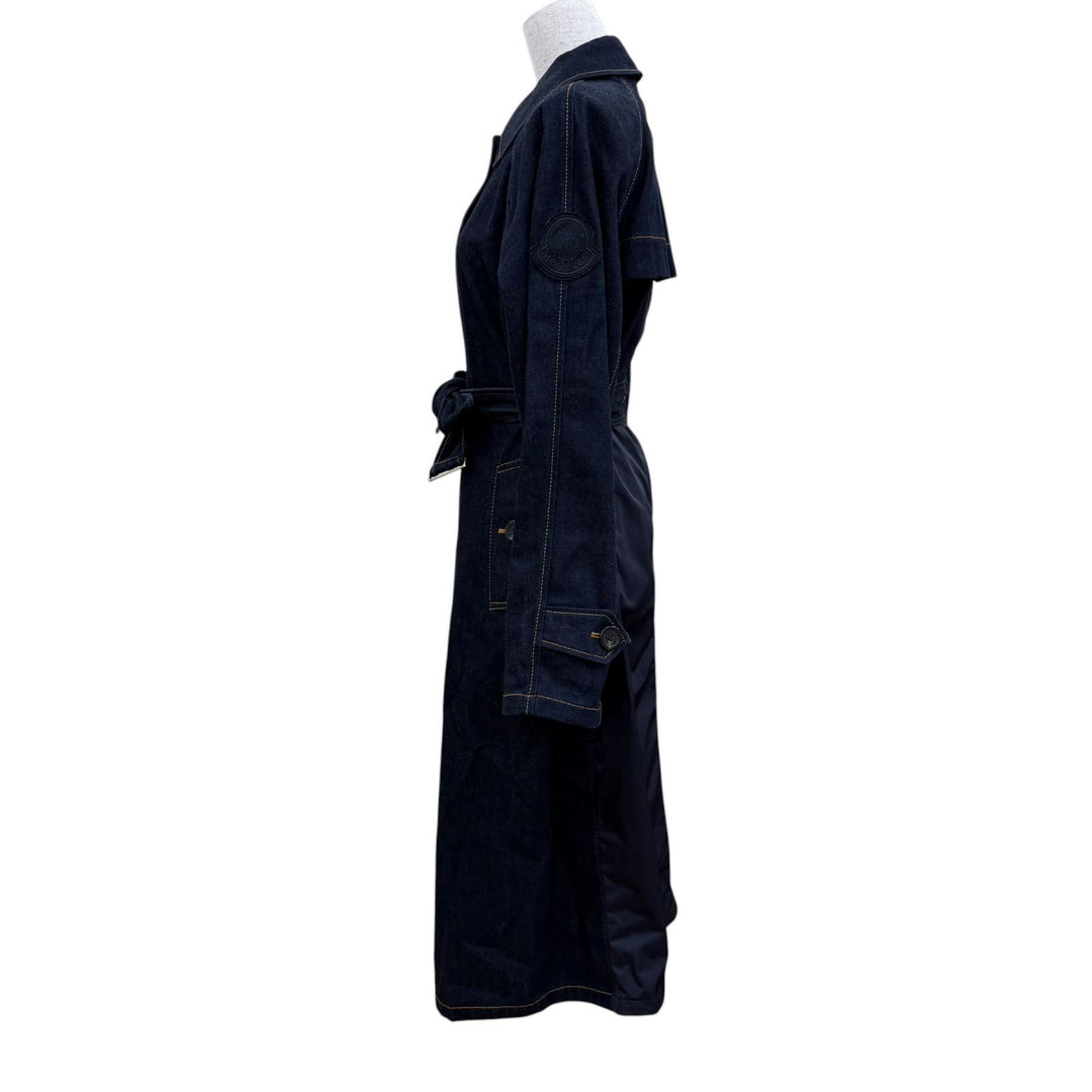 Excellent MONCLER coat PISTACHE Denim with logo patch and belt Indigo blue 0