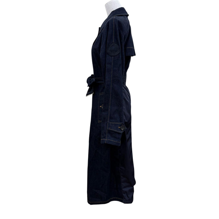 Excellent MONCLER coat PISTACHE Denim with logo patch and belt Indigo blue 0