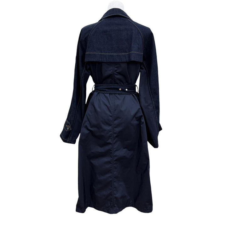 Excellent MONCLER coat PISTACHE Denim with logo patch and belt Indigo blue 0