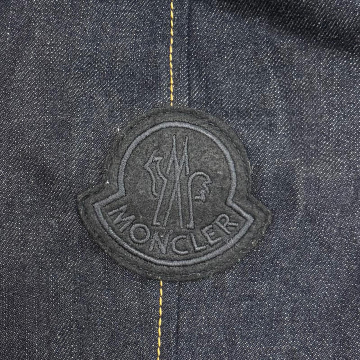 Excellent MONCLER coat PISTACHE Denim with logo patch and belt Indigo blue 0