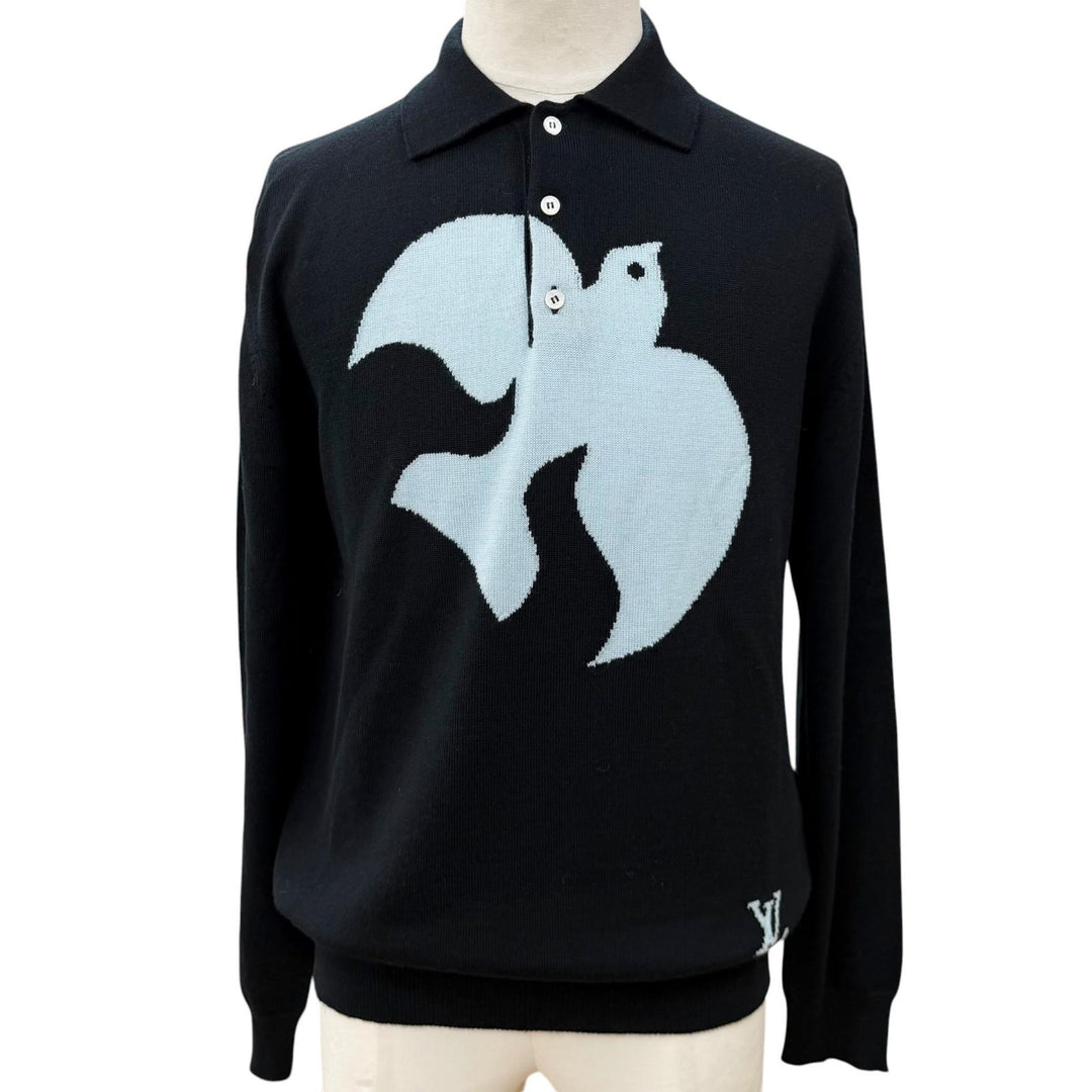 Excellent LOUIS VUITTON sweater Bird Jacquard Knit Polo Shirt black wool mens S