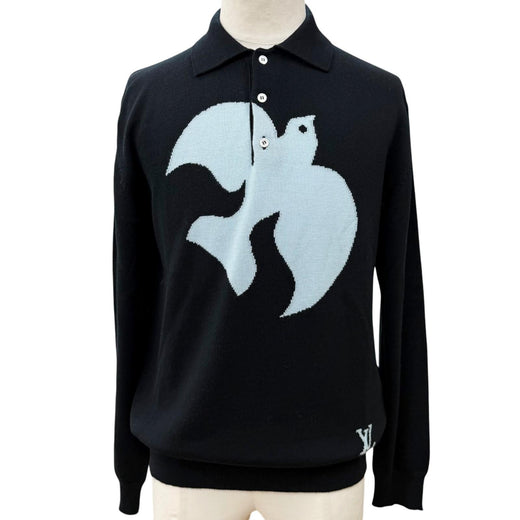 Excellent LOUIS VUITTON sweater Bird Jacquard Knit Polo Shirt black wool mens S