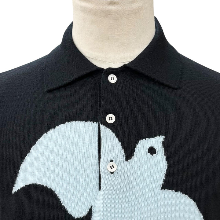 Excellent LOUIS VUITTON sweater Bird Jacquard Knit Polo Shirt black wool mens S