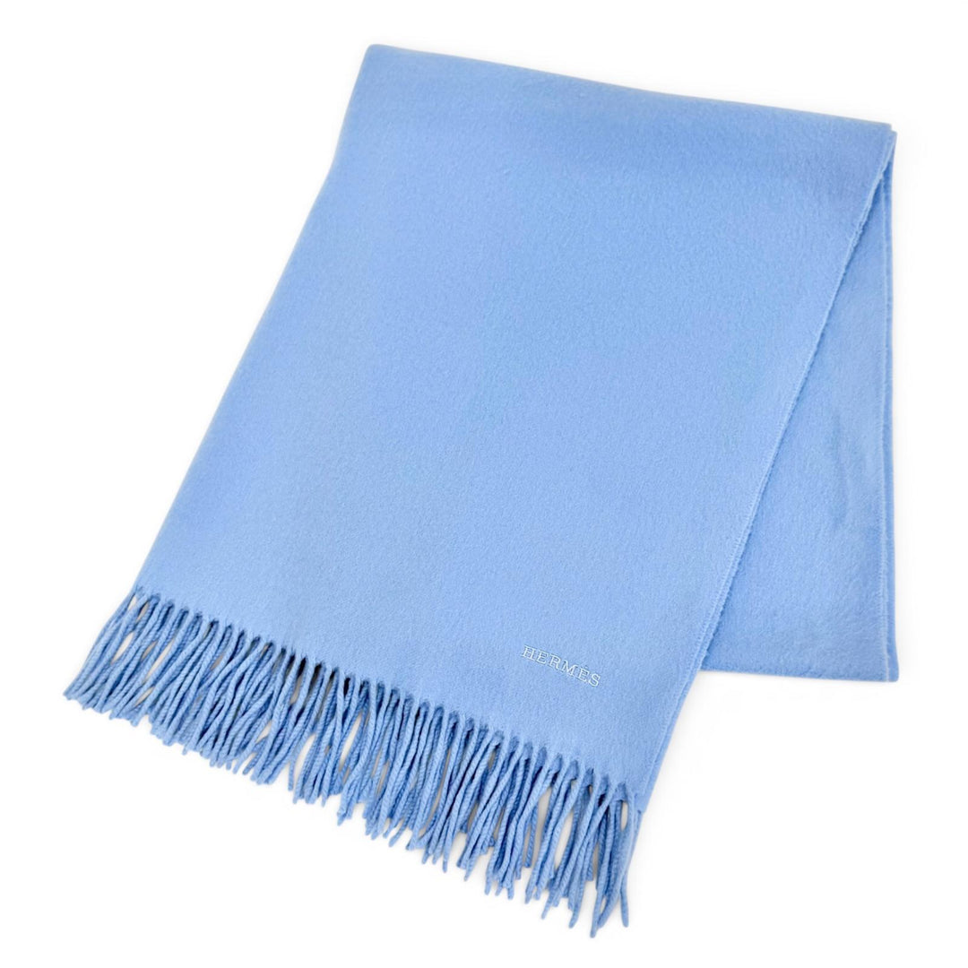 Great HERMES Logo embroidered large shawl stole muffler Light blue cashmere