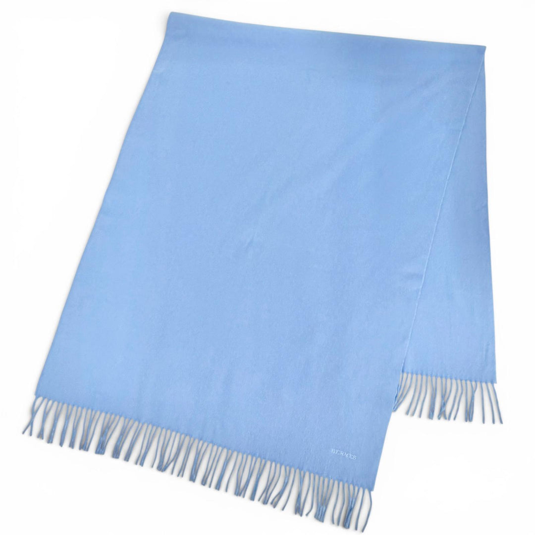 Great HERMES Logo embroidered large shawl stole muffler Light blue cashmere