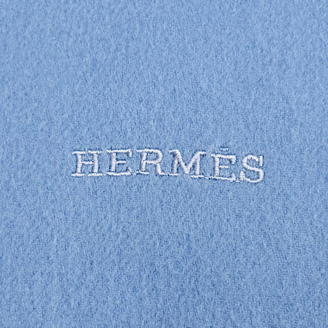 Great HERMES Logo embroidered large shawl stole muffler Light blue cashmere