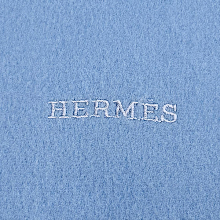 Great HERMES Logo embroidered large shawl stole muffler Light blue cashmere