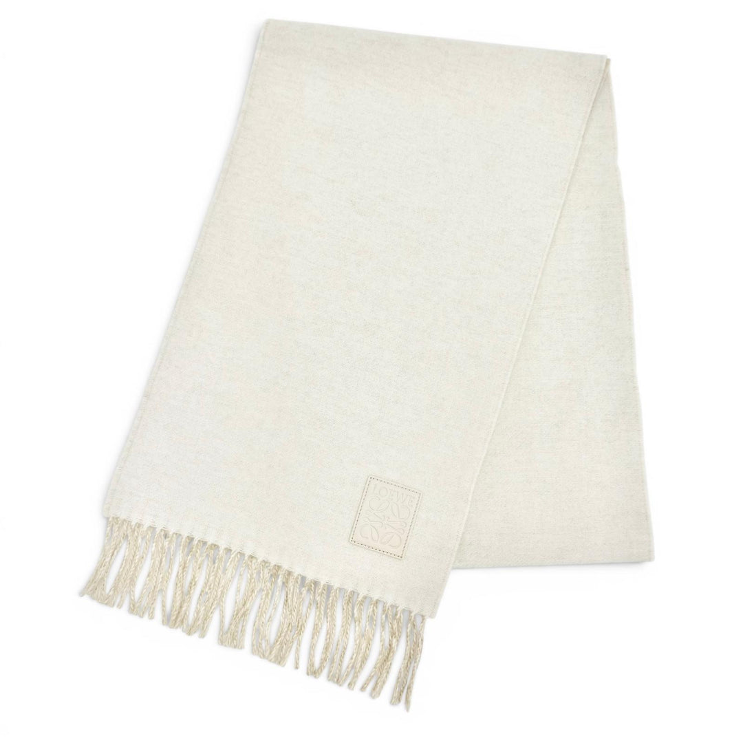 Excellent LOEWE Scarf Anagram logo leather patch fringe Ivory wool Women
