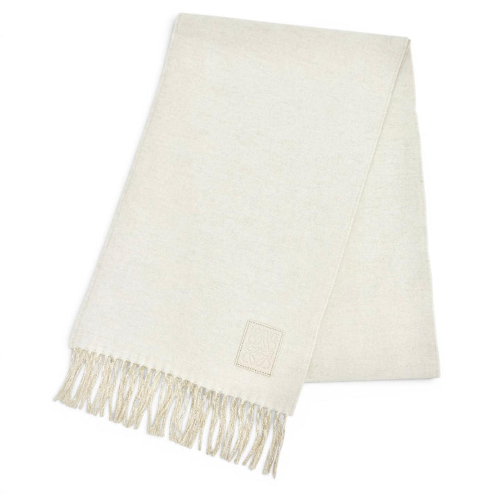 Excellent LOEWE Scarf Anagram logo leather patch fringe Ivory wool Women