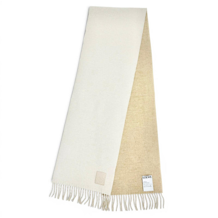 Excellent LOEWE Scarf Anagram logo leather patch fringe Ivory wool Women
