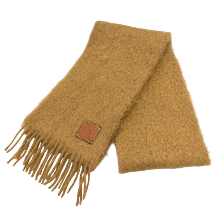 Excellent LOEWE Scarf Fringe with Anagram leather patch Brown mohair Women