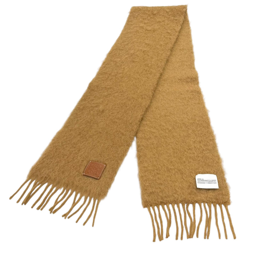 Excellent LOEWE Scarf Fringe with Anagram leather patch Brown mohair Women