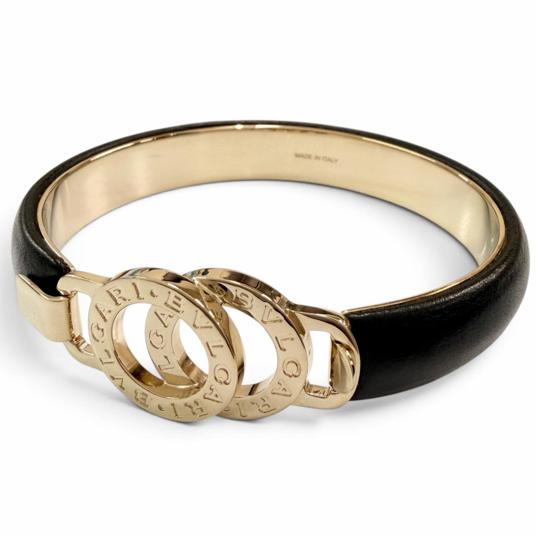 Pristine BVLGARI Bangle Circle logo bracelet black leather mens