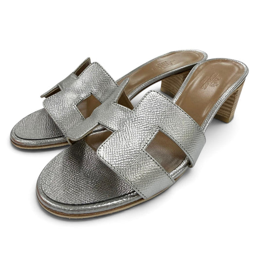 Great HERMES Sandals Oasis H logo leather mules Silver leather Women 36.5
