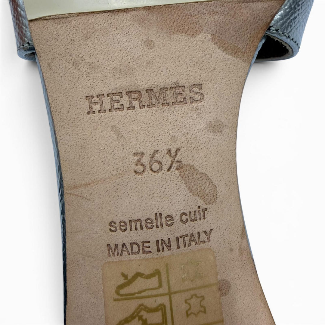 Great HERMES Sandals Oasis H logo leather mules Silver leather Women 36.5