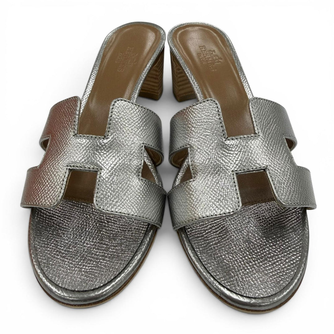Great HERMES Sandals Oasis H logo leather mules Silver leather Women 36.5